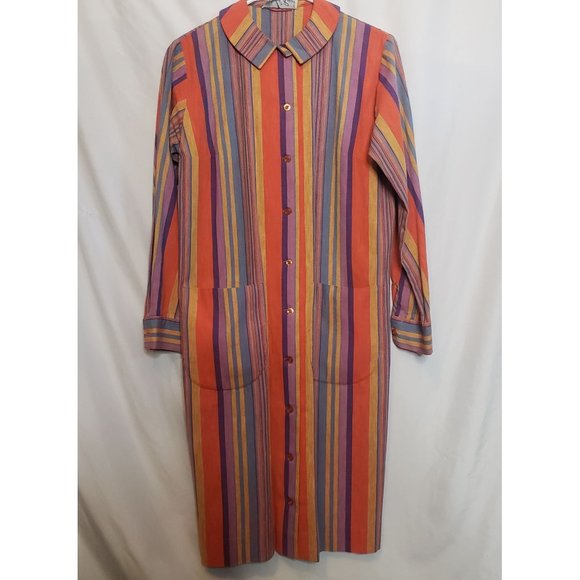 Shirt Dress Long Sleeves Vertical Stripes Collar Button Front Muriel Ryan Serbin - Picture 1 of 11